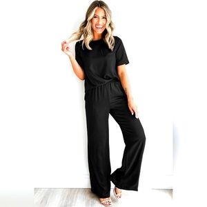 Solid Black Color T-Shirt 2pcs. Wide Leg Pants Set
